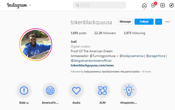 A screenshot of tokenblackguyusa Instagram bio showing that he is a TIA ambassador
