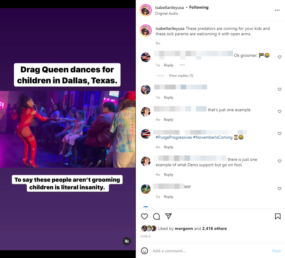 A screenshot of a post about drag queens which states "to say these people aren't grooming children is literal insanity"