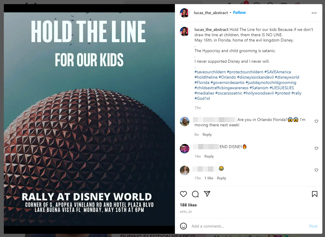 a post from Lucas the abstract promoting a rally against Disney and claiming that the "child grooming is satanic" 