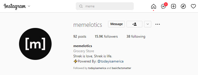 A screenshot of Memelotics bio, showing that it is powered by TIA
