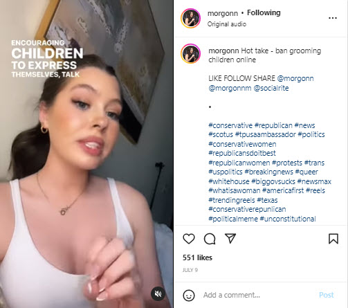 A post from Morgonn which she captioned "hot take - ban grooming children online"