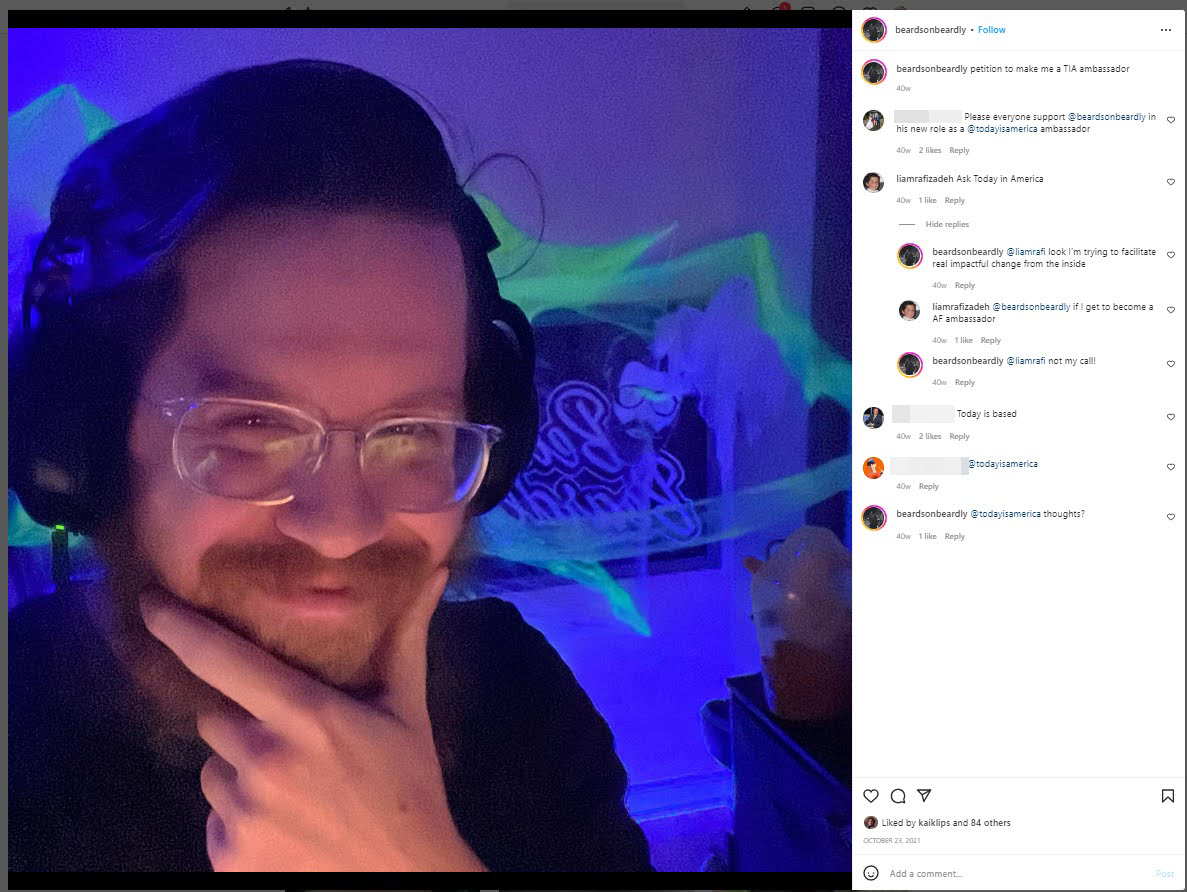 A screenshot of a post from Matt Evans interacting with TIA cofounder and asking to become a TIA ambassador 