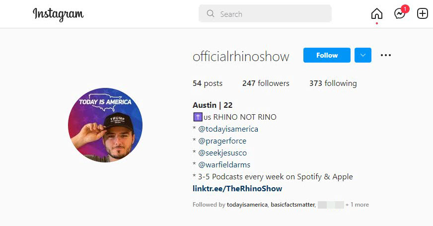 A screenshot of the Rhino Show's Instagram bio, showing that it is affiliated with TIA 