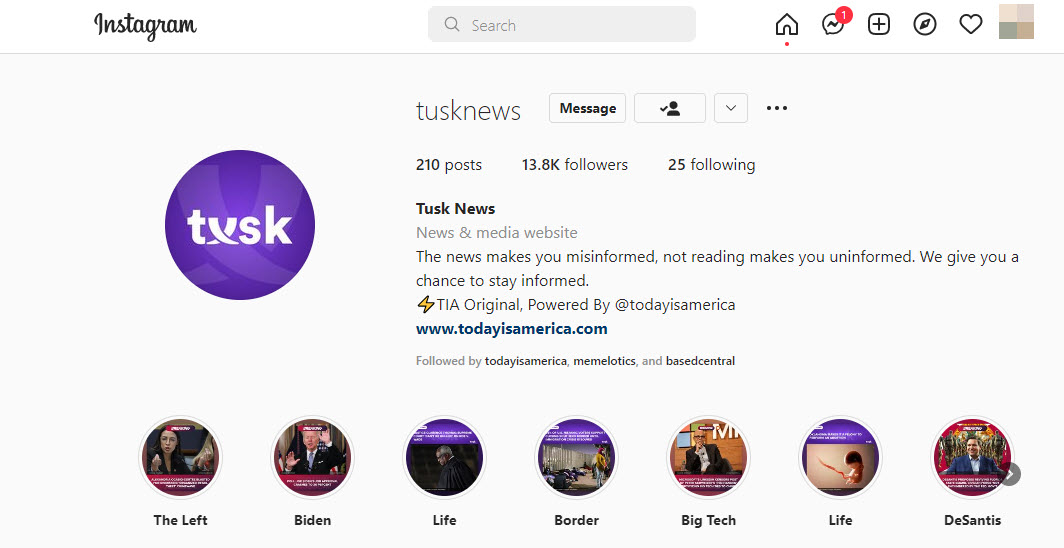 A screenshot of Tusk News' Instagram bio