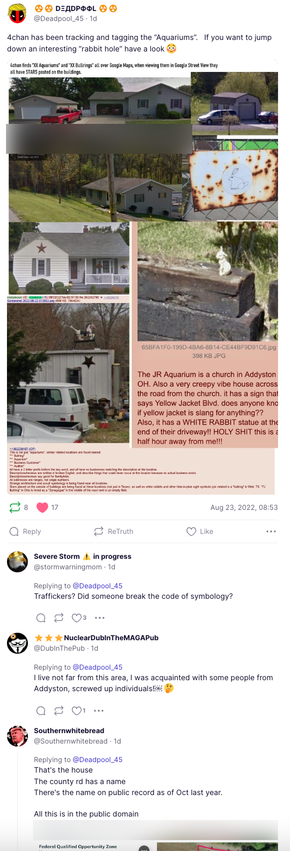 Truth Social 4chan Google Maps conspiracy theory post