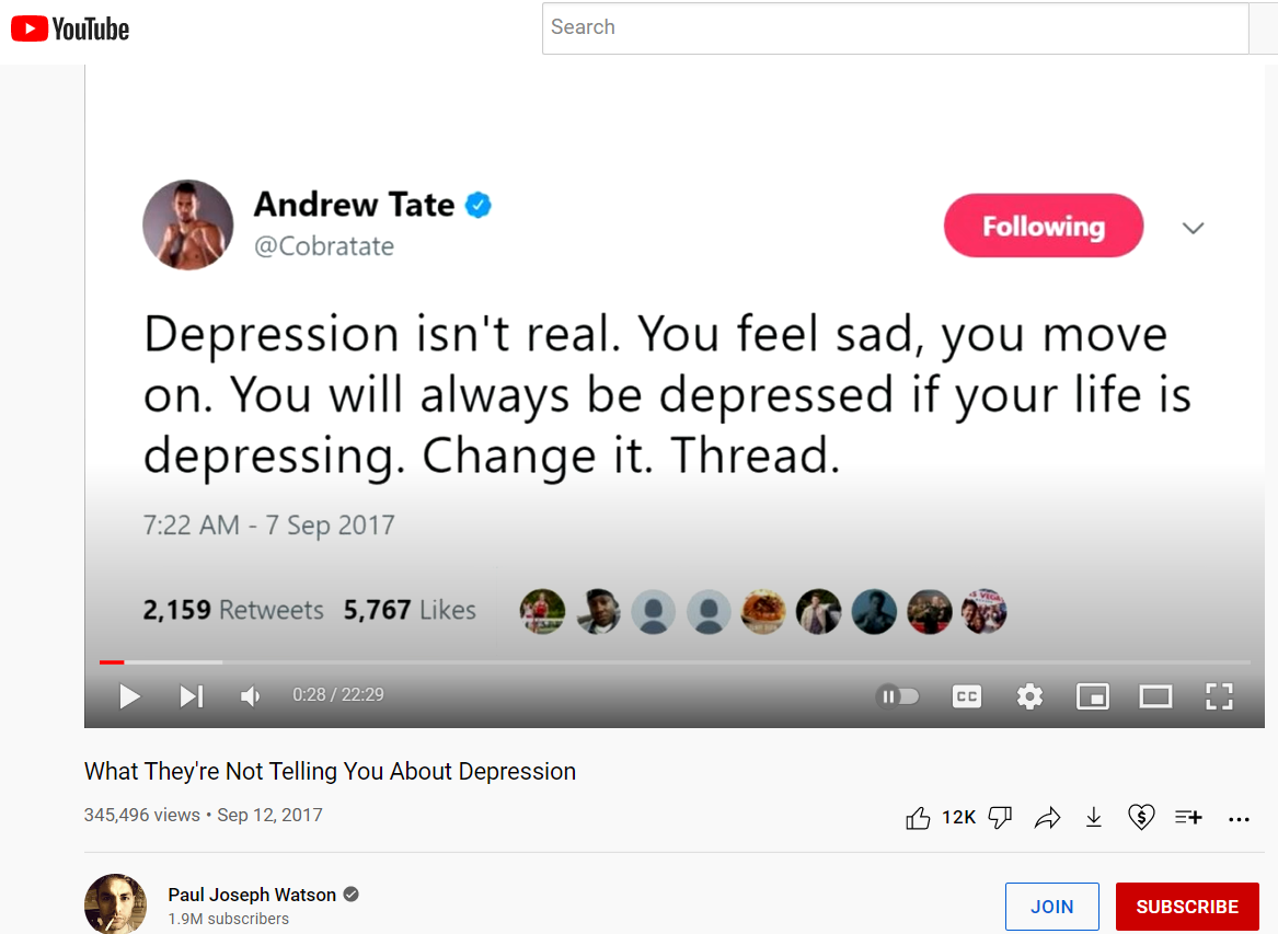 image of youtube video posted by Paul Joseph Watson titled "What They're Not Telling You About Depression"