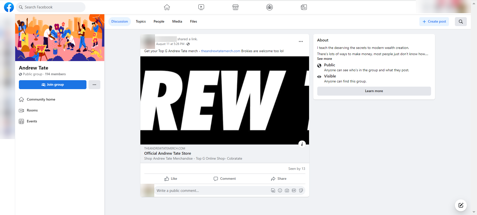 Andrew Tate merch on Facebook