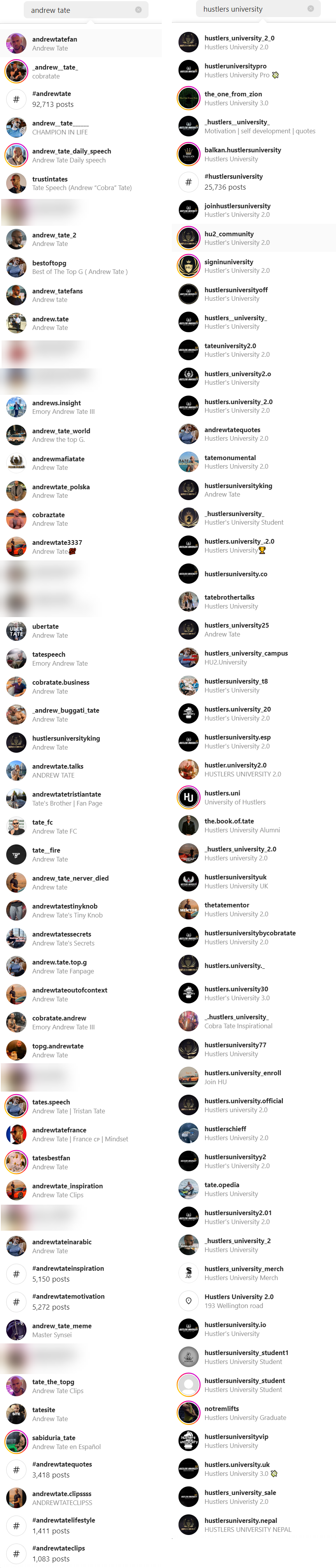 Tate and HU Instagram pages