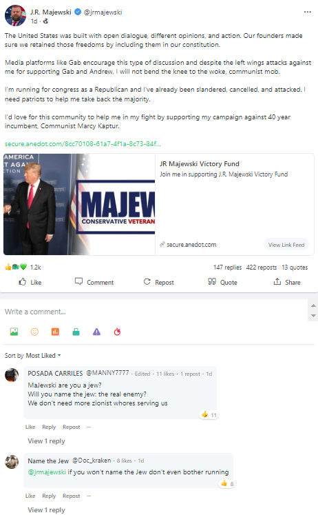 J.R. Majewski Gab comments