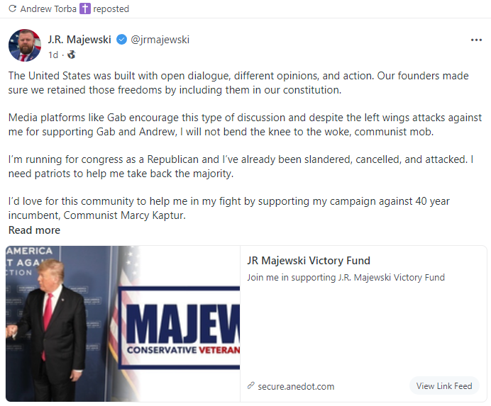 Andrew Torba repost on Majewski