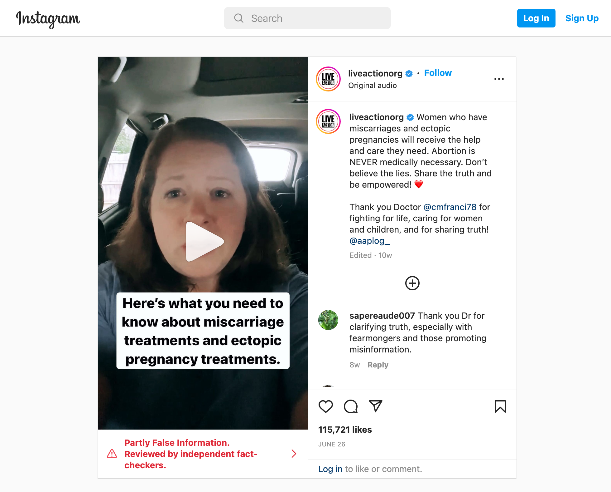 Instagram post from Live Action of Dr. Christina Francis with the caption "Verified Women who have miscarriages and ectopic pregnancies will receive the help and care they need. Abortion is NEVER medically necessary. Don’t believe the lies. Share the truth and be empowered! ❤️  Thank you Doctor @cmfranci78 for fighting for life, caring for women and children, and for sharing truth! @aaplog_"