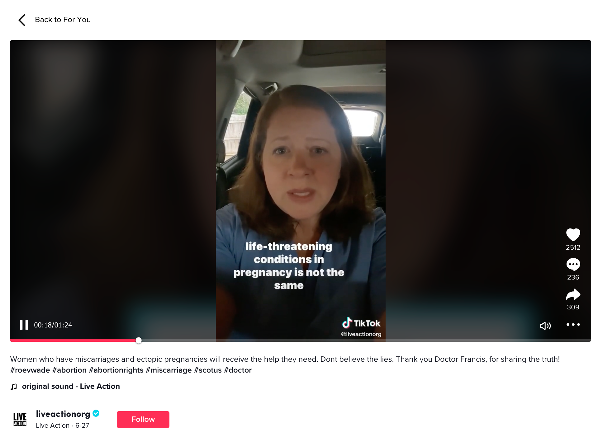 Tik Tok screenshot of a video from Dr. Christina Francis on the official Live Action account