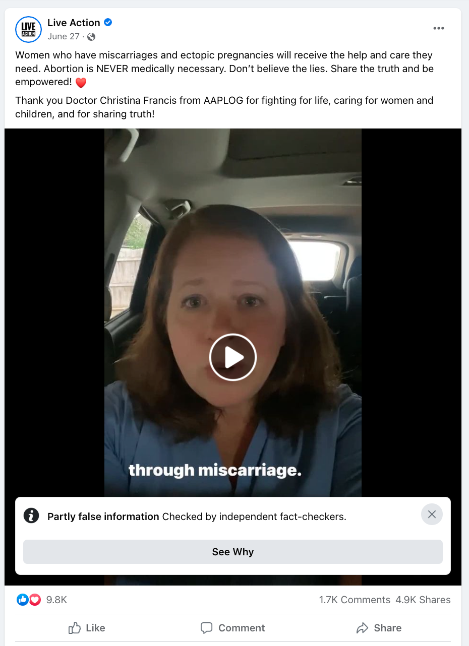 Facebook post from Live Action with an attached video of Dr. Christina Francis