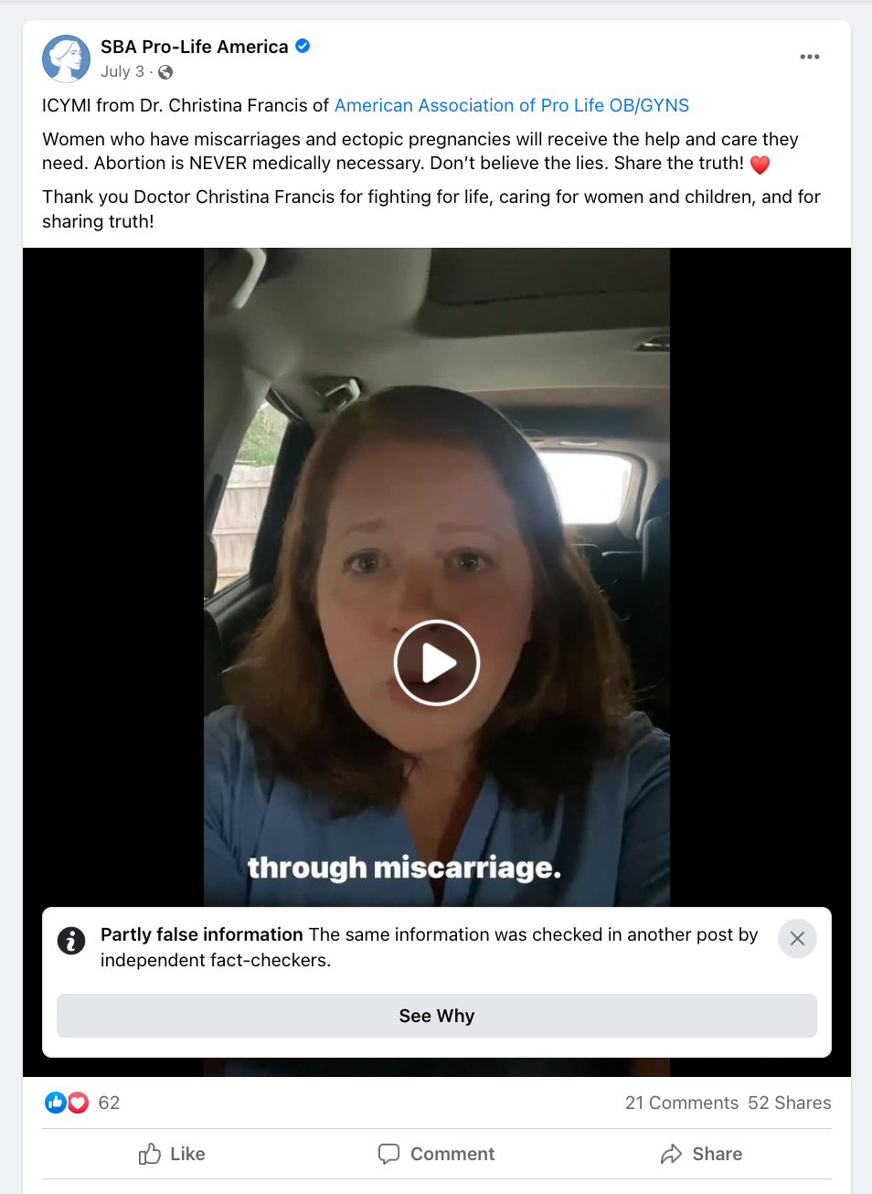 Susan B. Anthony Pro-Life America posts a video of Dr. Christina Francis on its Facebook page