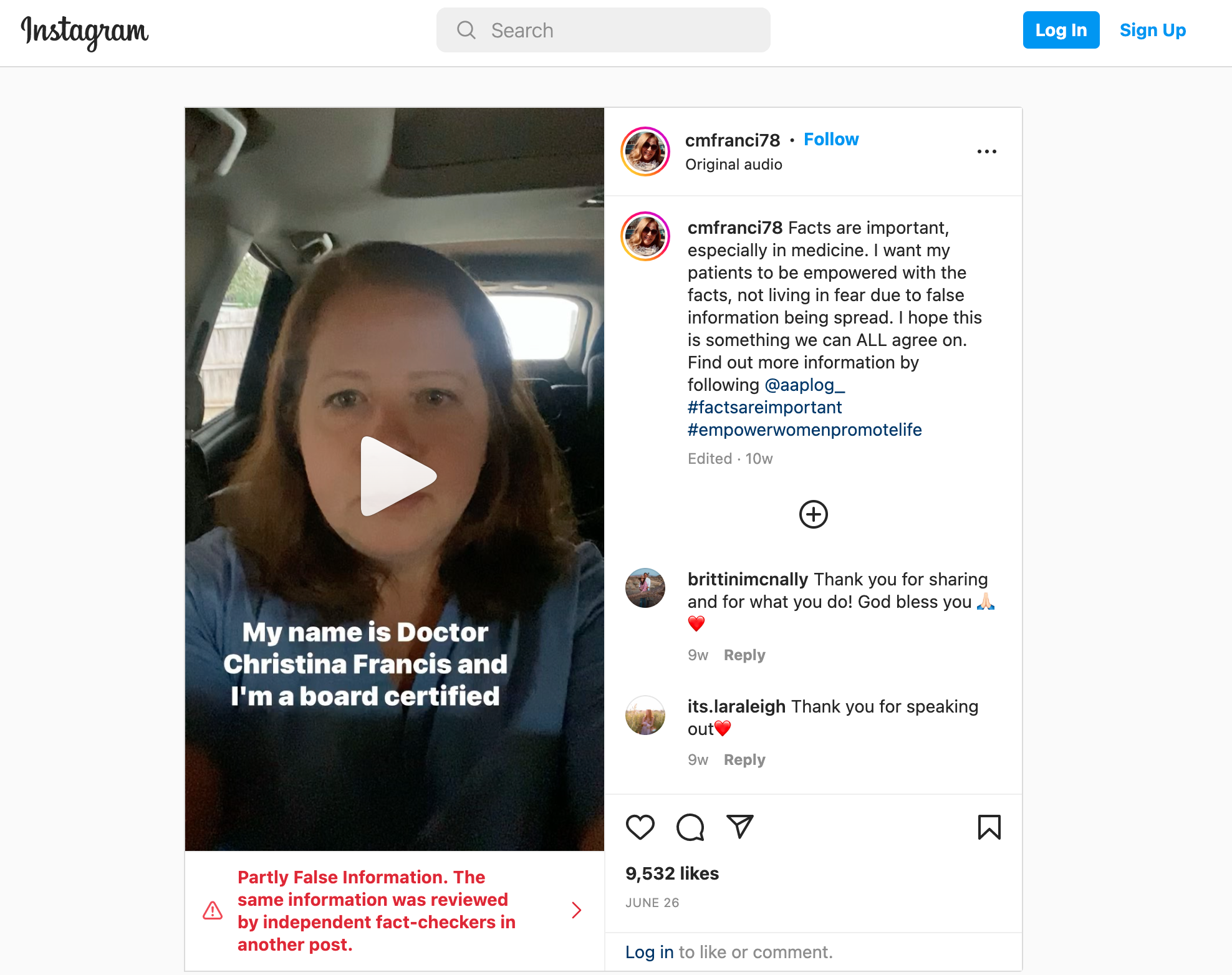 Instagram post from Dr. Christina Francis with the caption "Facts are important, especially in medicine. I want my patients to be empowered with the facts, not living in fear due to false information being spread. I hope this is something we can ALL agree on. Find out more information by following @aaplog_ #factsareimportant #empowerwomenpromotelife"