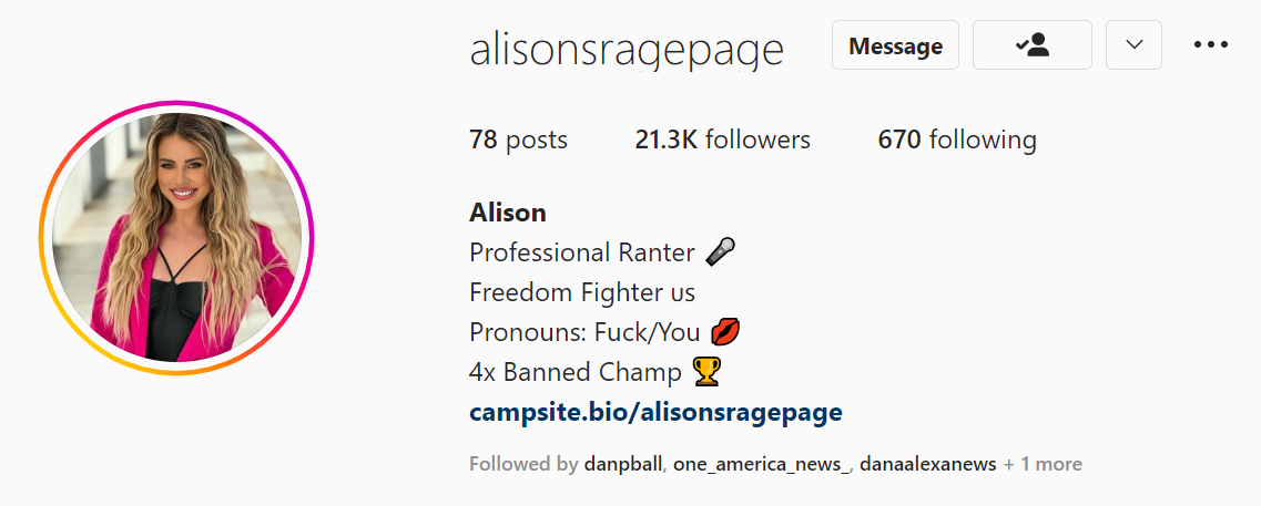 Alison Steinberg's Instagram bio, "4x Banned Champ" 