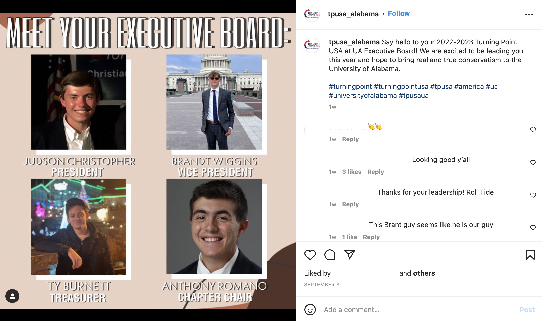 TPUSA Instagram UofAL Execs