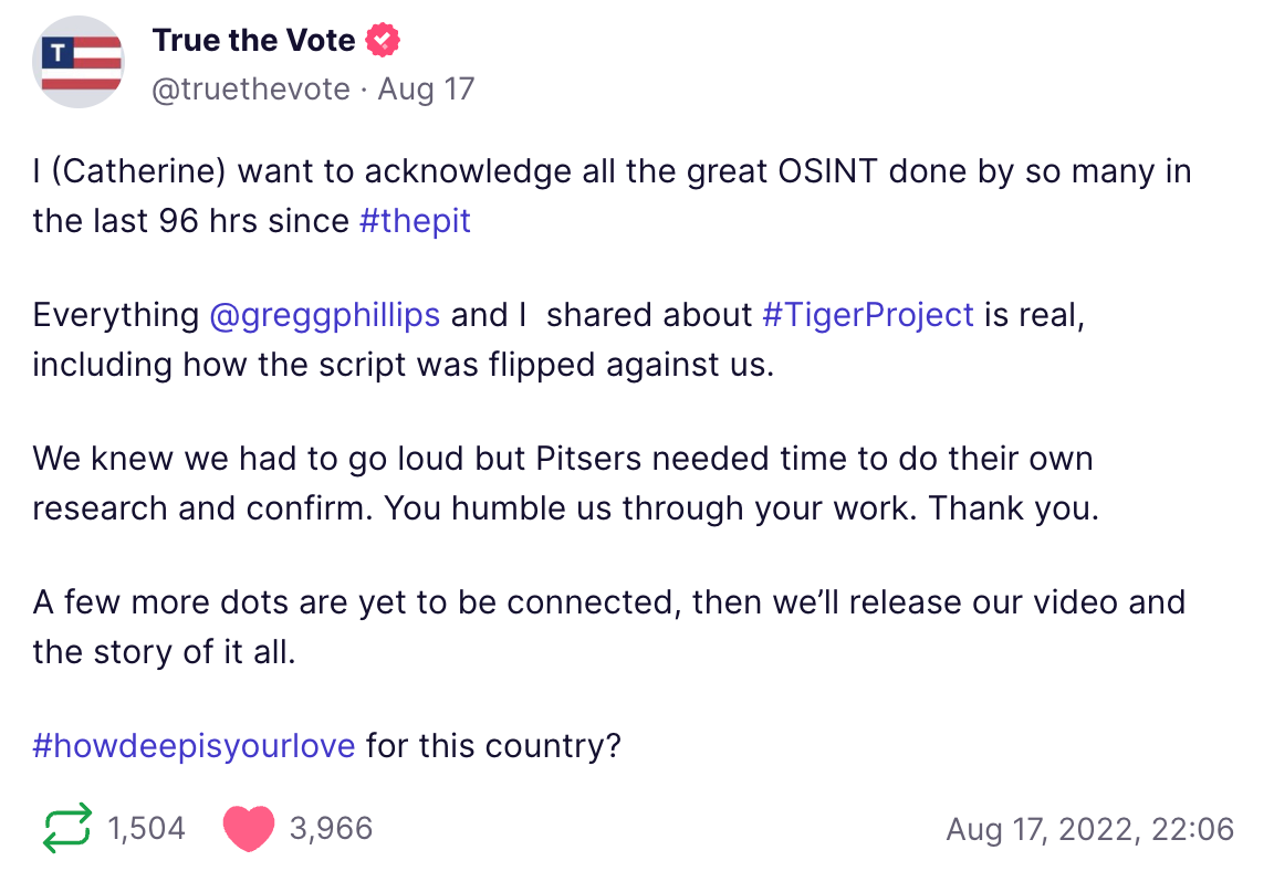 True The Vote Konnech QAnon post praise