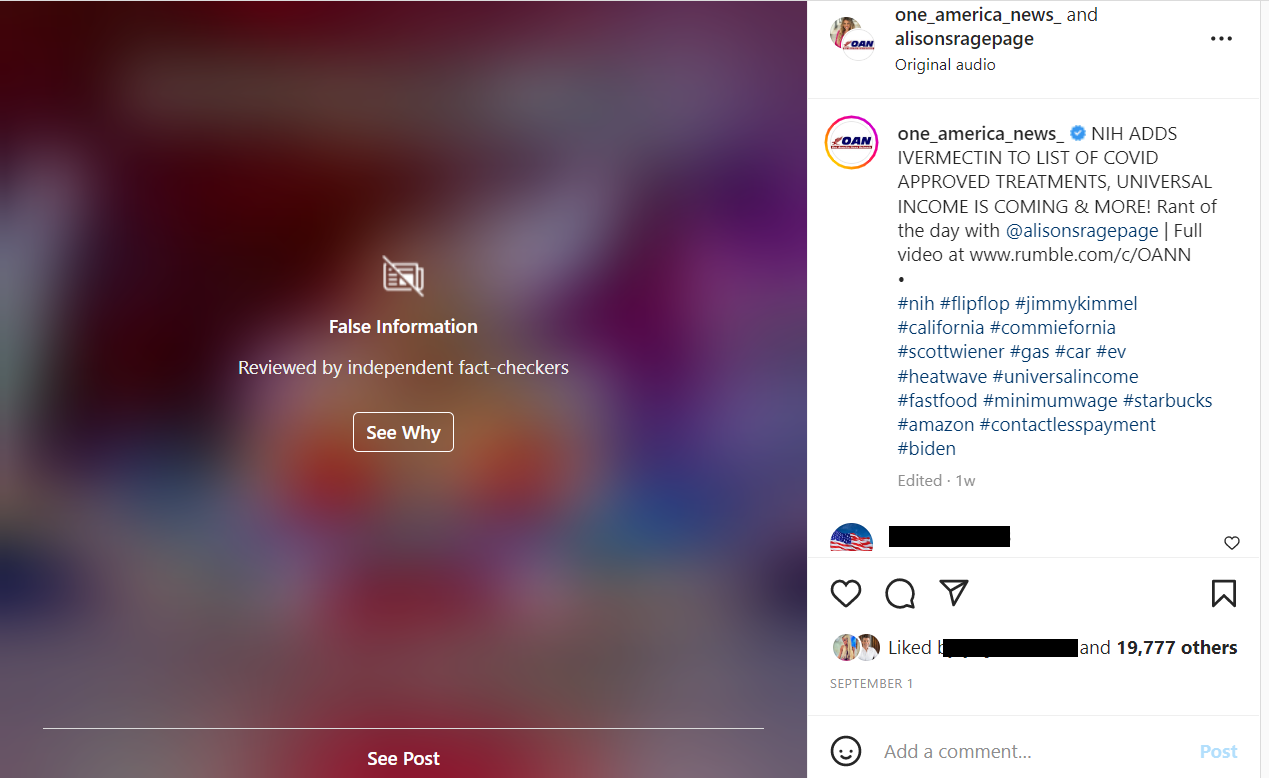 OAN and Steinberg IG video about Ivermectin with warning 