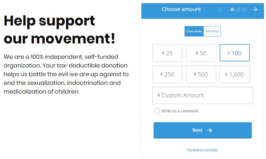 screenshot of Gays Against Groomer's Donorbox page