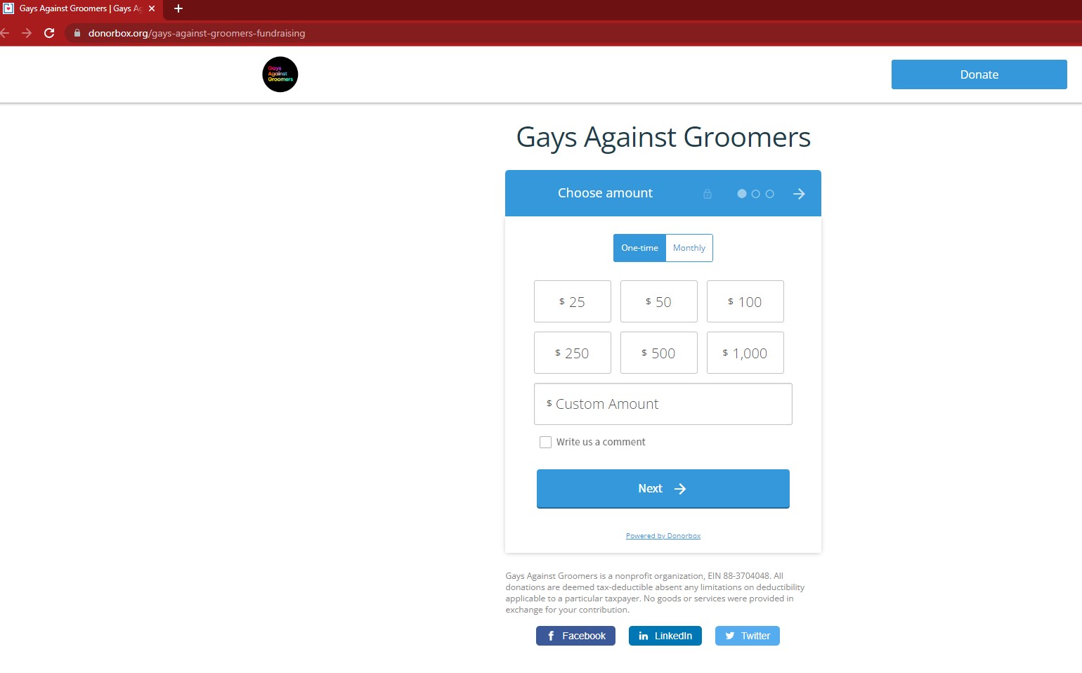 screenshot of Donorbox page for Gays Against Groomers