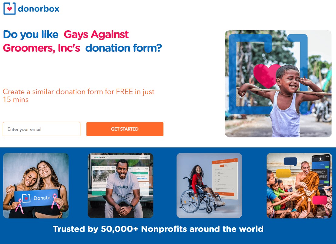 screenshot of Donorbox webpage promoting its services with Gays Against Groomer's name