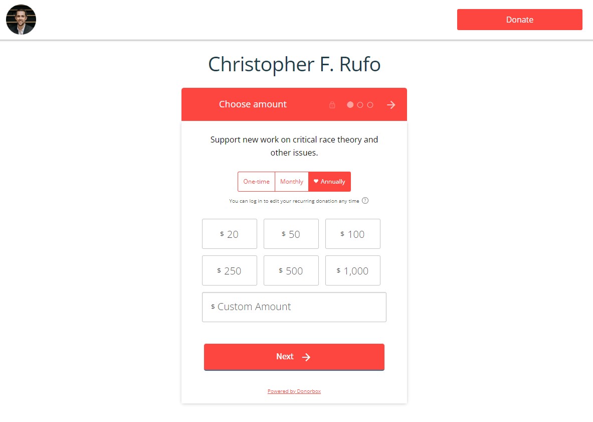 screenshot of Chris Rufo's Donorbox page