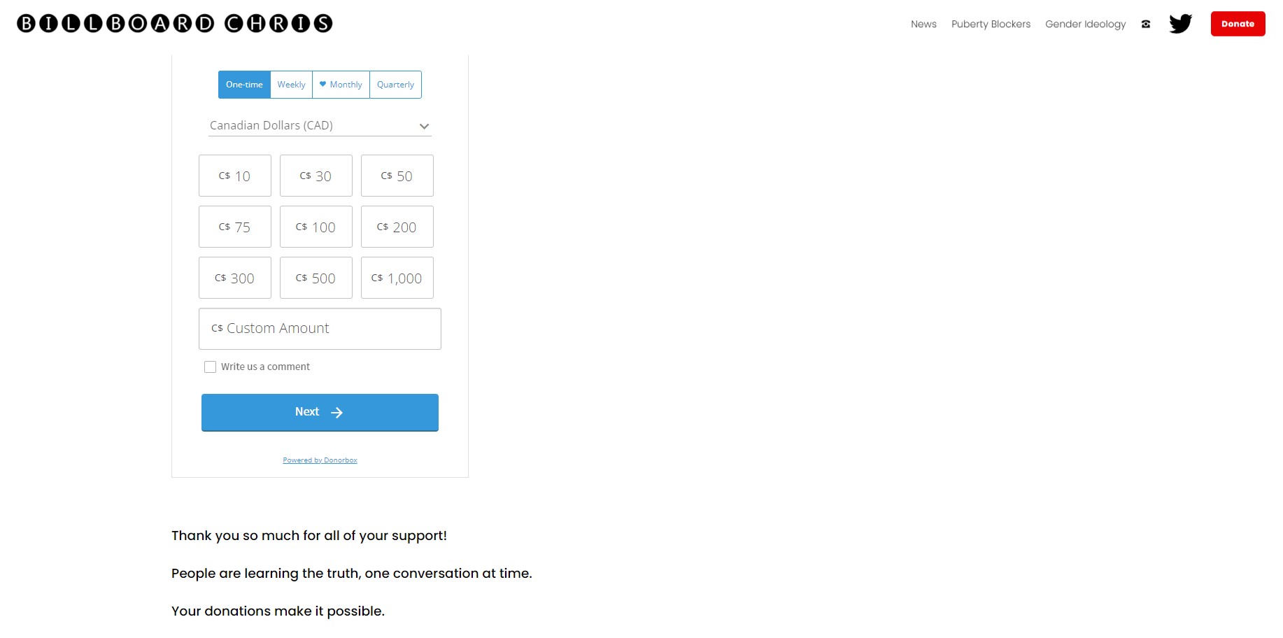 screenshot of Chris Elston Donorbox page