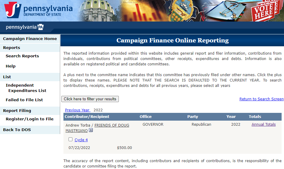 Andrew Torba donation from PA government website