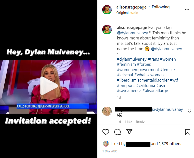 Screen grab of Steinberg's Instagram showing her tagging Dylan Mulvaney and encouraging her viewers to do so too