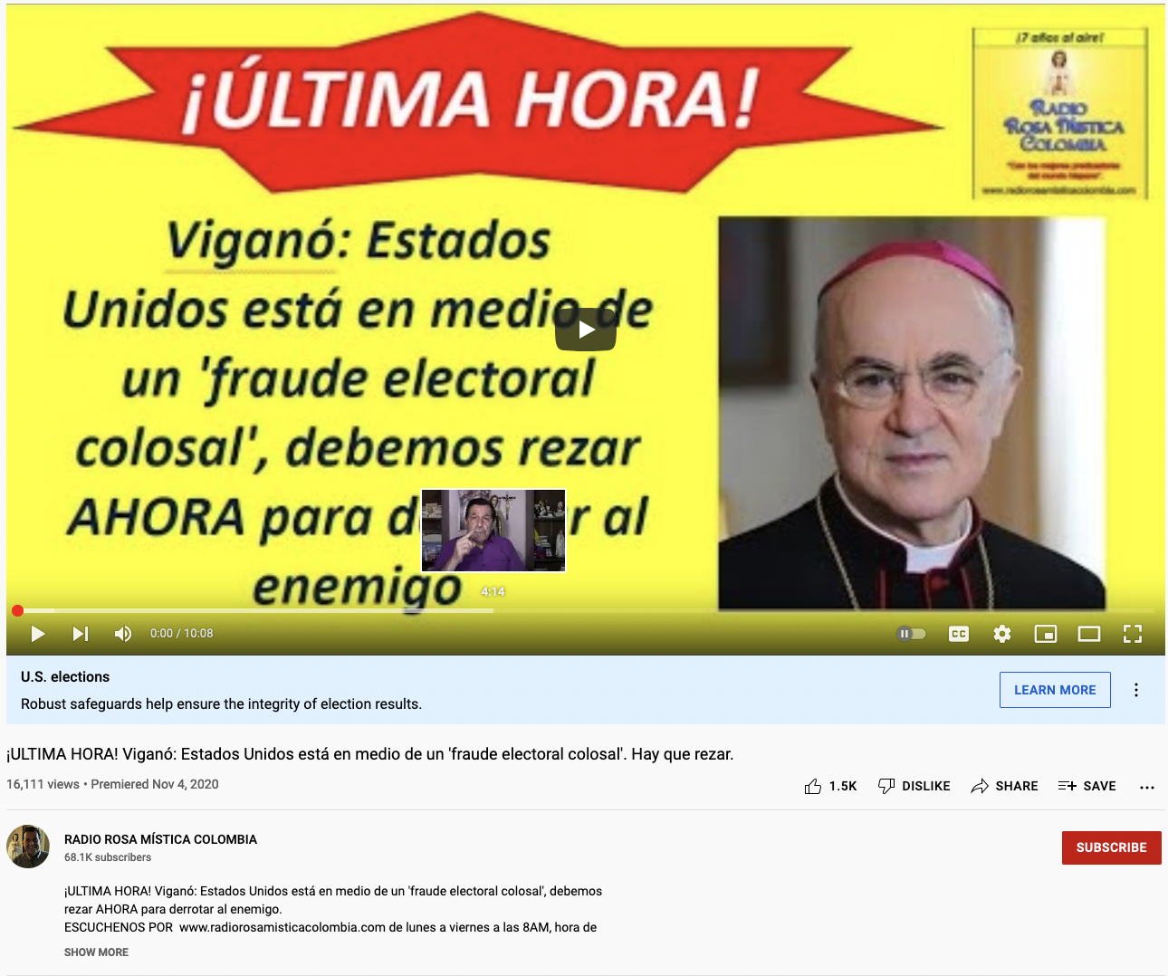  RADIO ROSA MÍSTICA COLOMBIA YouTube: ¡ULTIMA HORA! Viganó: Estados Unidos está en medio de un 'fraude electoral colosal'. Hay que rezar.