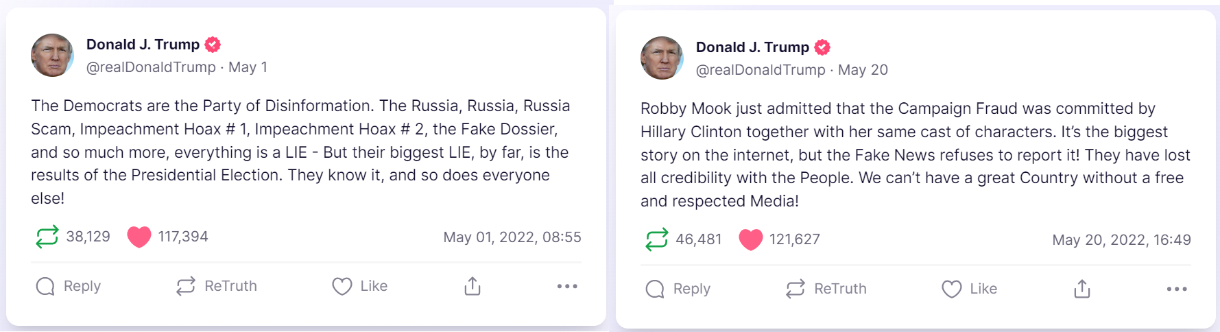A screenshot of a post from Trump on Truth Social claiming that the presidential election results are a lie