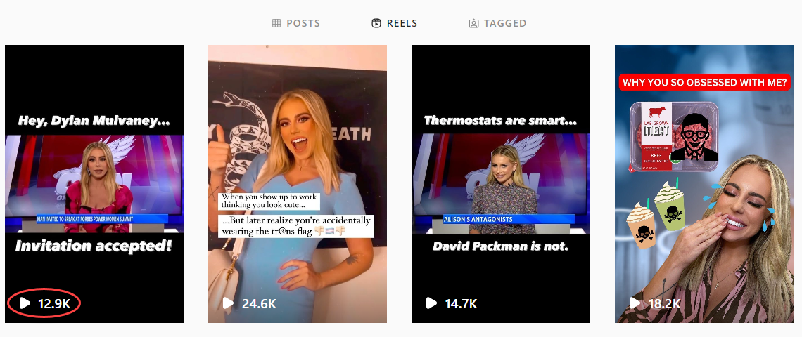 Alison Steinberg's Reel's dashboard highlighting view count of Mulvaney attack