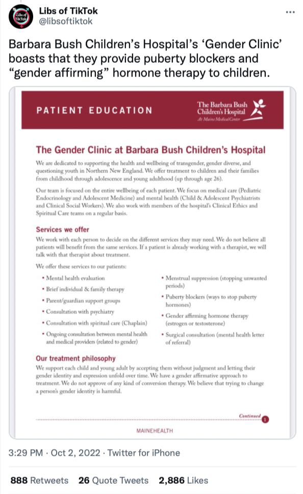 Libs of TikTok tweet that reads: "Barbara Bush Children’s Hospital’s ‘Gender Clinic’ boasts that they provide puberty blockers and “gender affirming” hormone therapy to children."
