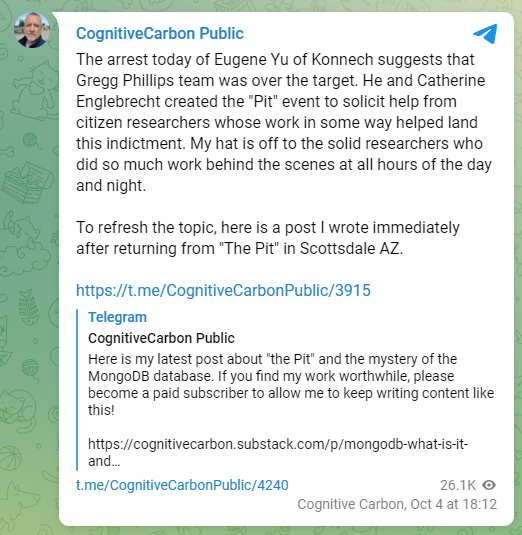 A screenshot of a post from CognitiveCarbon about the Konnech CEO being arrested 