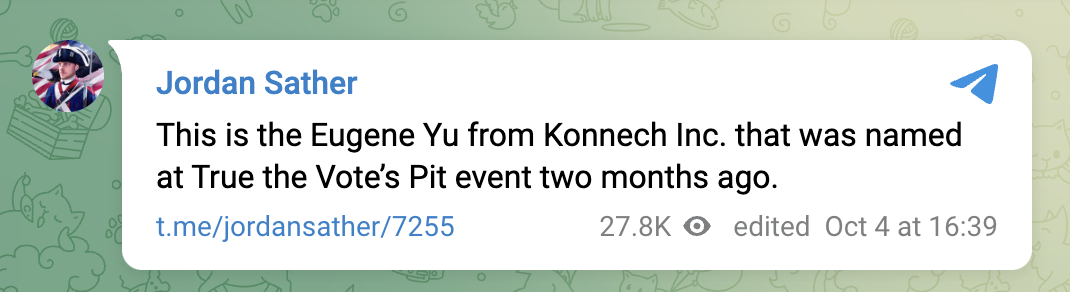 "This is the Eugene Yu from Konnech Inc. that was named at True the Vote’s Pit event two months ago."
