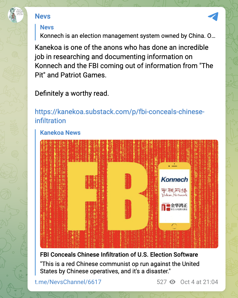 "Kanekoa is one of the anons who has done an incredible job in researching and documenting information on Konnech and the FBI coming out of information from "The Pit" and Patriot Games.  Definitely a worthy read.