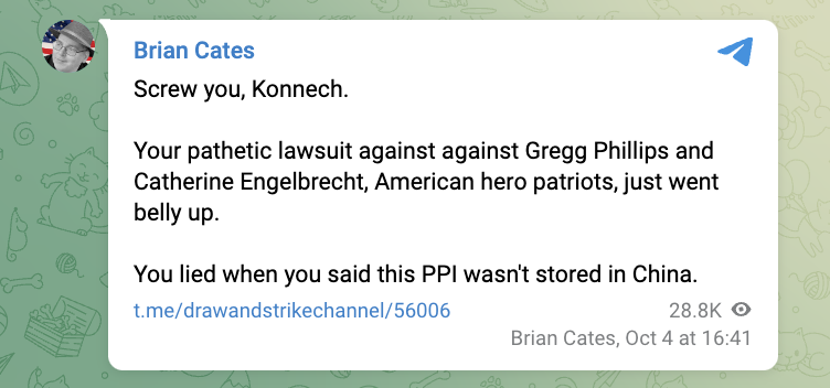 "Screw you, Konnech.  Your pathetic lawsuit against against Gregg Phillips and Catherine Engelbrecht, American hero patriots, just went belly up.  You lied when you said this PPI wasn't stored in China."