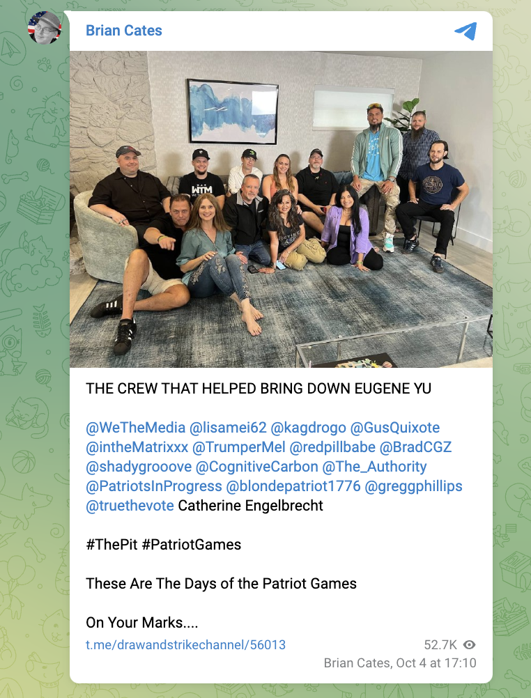 " THE CREW THAT HELPED BRING DOWN EUGENE YU  @WeTheMedia @lisamei62 @kagdrogo @GusQuixote @intheMatrixxx @TrumperMel @redpillbabe @BradCGZ @shadygrooove @CognitiveCarbon @The_Authority @PatriotsInProgress @blondepatriot1776 @greggphillips @truethevote Catherine Engelbrecht  #ThePit #PatriotGames  These Are The Days of the Patriot Games  On Your Marks...."