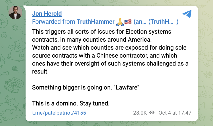 "This triggers all sorts of issues for Election systems contracts, in many counties around America. Watch and see which counties are exposed for doing sole source contracts with a Chinese contractor, and which ones have their oversight of such systems challenged as a result.  Something bigger is going on. "Lawfare"  This is a domino. Stay tuned."
