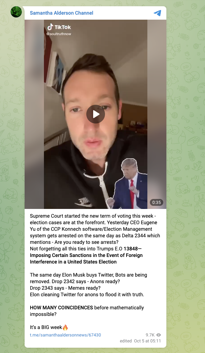 "Supreme Court started the new term of voting this week - election cases are at the forefront. Yesterday CEO Eugene Yu of the CCP Konnech software/Election Management system gets arrested on the same day as Delta 2344 which mentions - Are you ready to see arrests? Not forgetting all this ties into Trumps E.O 13848—Imposing Certain Sanctions in the Event of Foreign Interference in a United States Election  The same day Elon Musk buys Twitter, Bots are being removed. Drop 2342 says - Anons ready? Drop 2343 sa