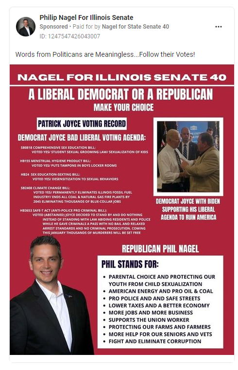 A screenshot of a Meta ad from Philip Nagel using groomer rhetoric 