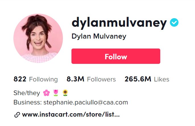 Dylan Mulvaney's TikTok account information, showing she's followed by 8.3 million people.