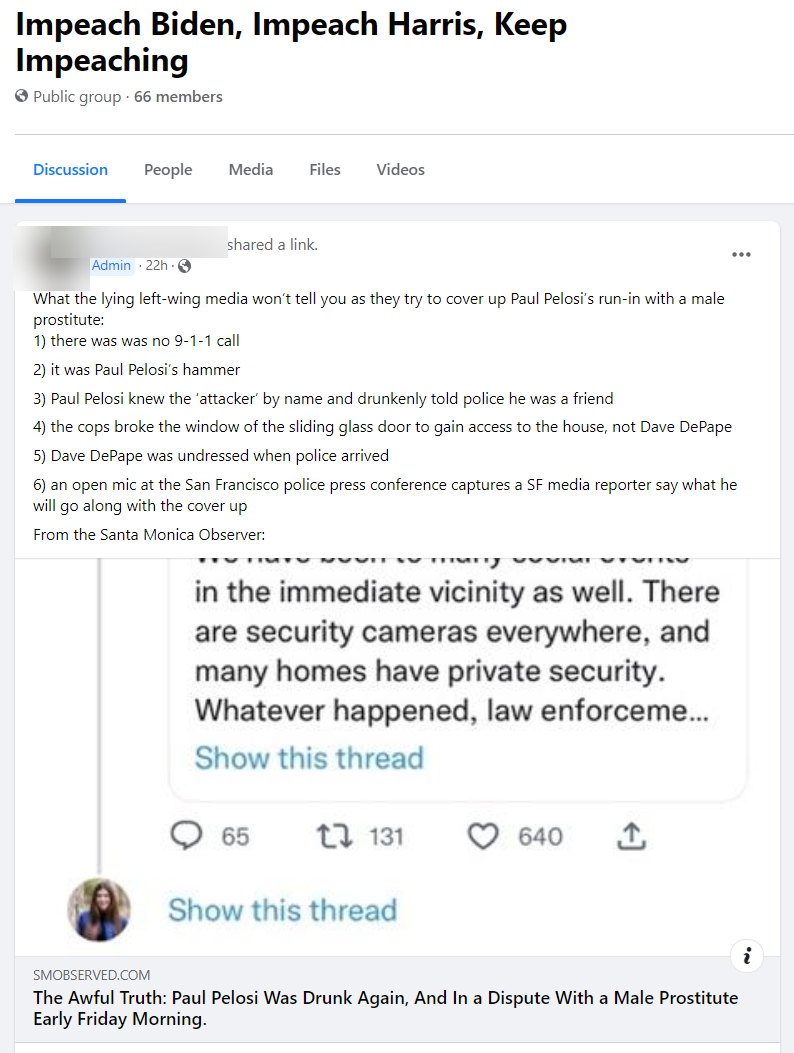 Pelosi conspiracy theory in facebook groups 4