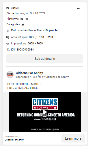 A screenshot of an ad claiming that Cortez Masto "puts criminals first" 