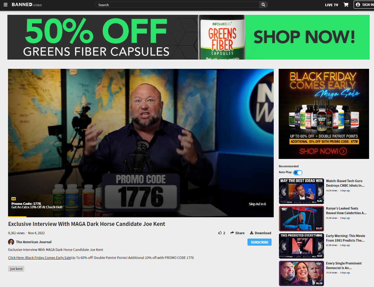 Banned.video page for Joe Kent with Alex Jones advertising