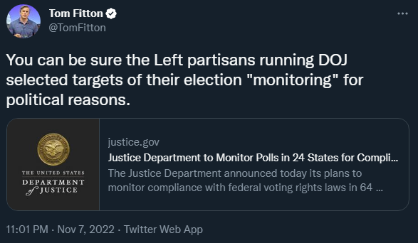 Tom Fitton tweeting: You can be sure the Left partisans running DOJ selected targets of their election "monitoring" for political reasons.