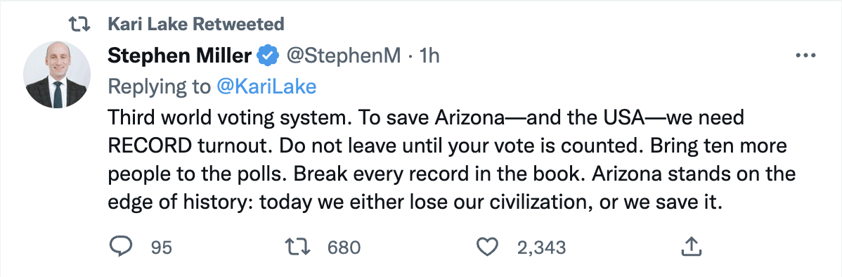 Third world voting system. To save Arizona—and the USA—we need RECORD turnout. Do not leave until your vote is counted. Bring ten more people to the polls. Break every record in the book. Arizona stands on the edge of history: today we either lose our civilization, or we save it.