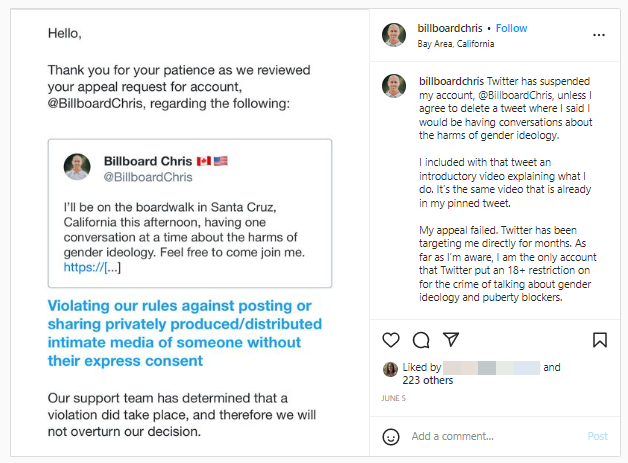 A screenshot of a post showing the Billboard Chris was suspended from Twitter