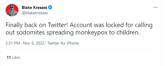 A screenshot or Kresses tweeting that he is back from being suspended